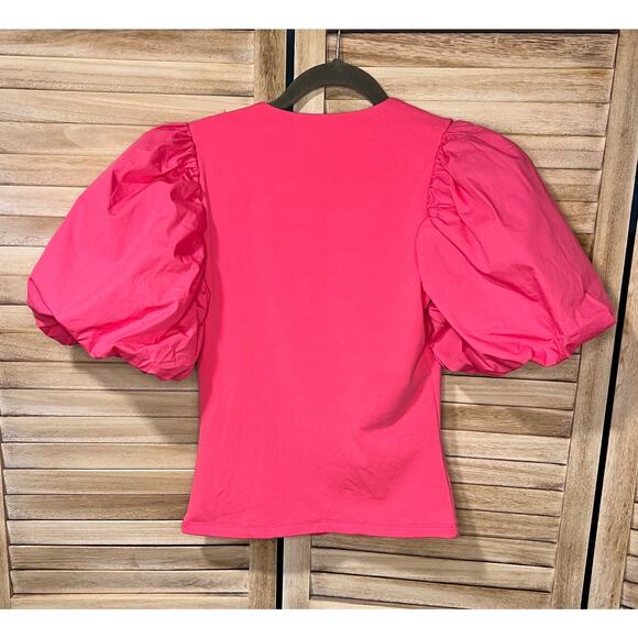 Anthropologie Maeve Hot Pink Puff Sleeve Wrap‎ Top sz XS BARBIE - Picture 6 of 8